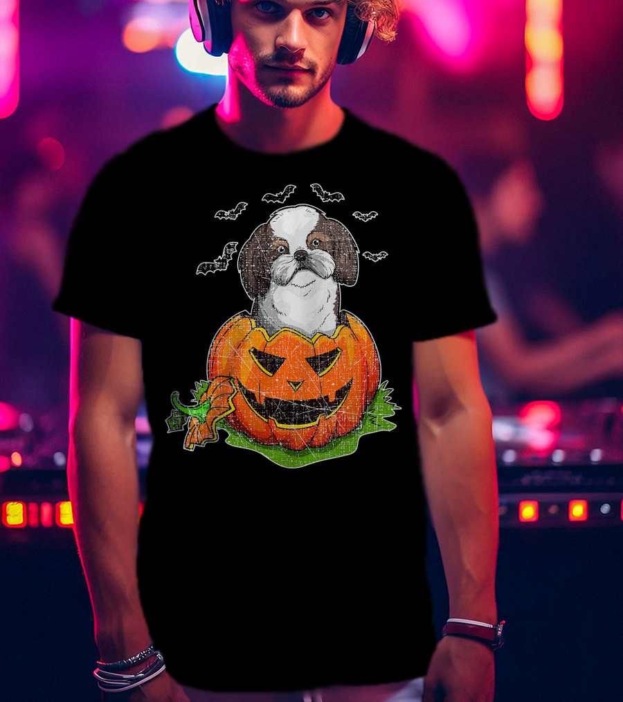 Cute Shih Tzu In Halloween Pumpkin With Bats T-Shirt