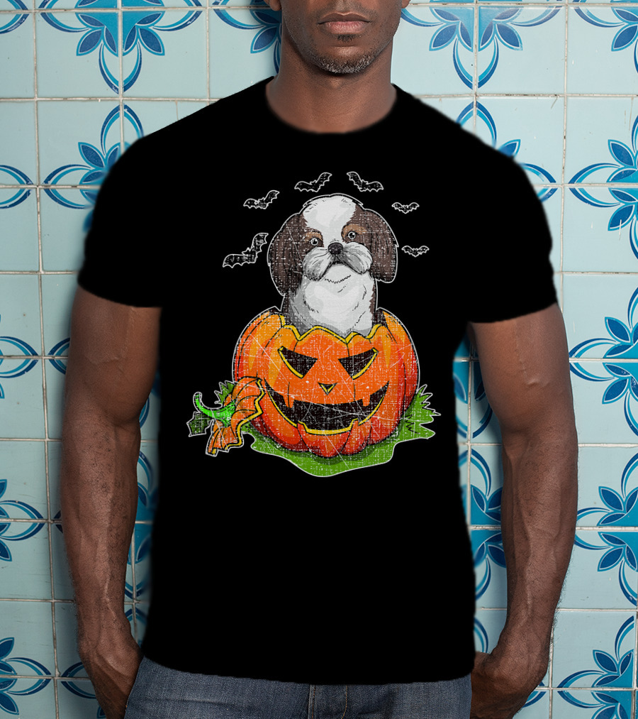 Cute Shih Tzu In Halloween Pumpkin With Bats T-Shirt