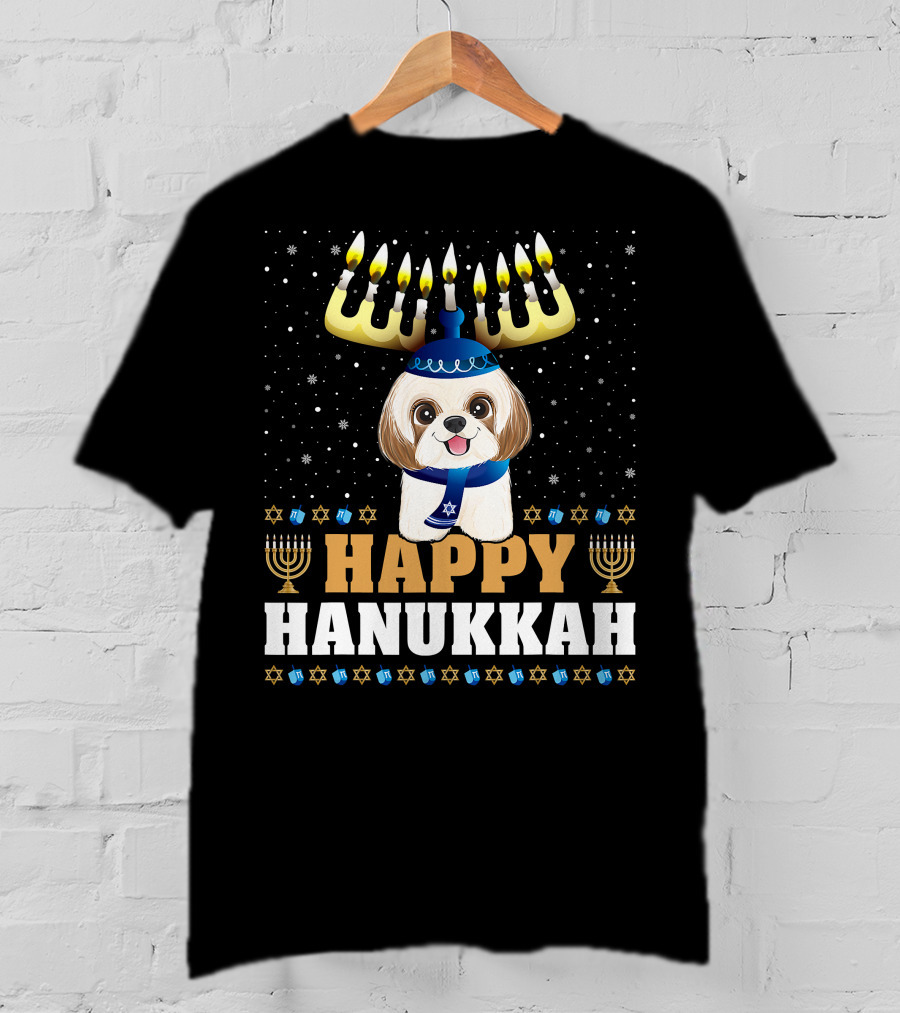 Cute Menorah Chanukah Funny Shih Tzu Happy Hanukkah T-Shirt