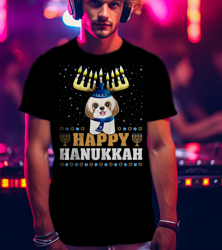 Cute Menorah Chanukah Funny Shih Tzu Happy Hanukkah T-Shirt