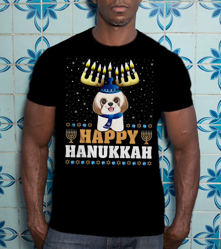 Cute Menorah Chanukah Funny Shih Tzu Happy Hanukkah T-Shirt