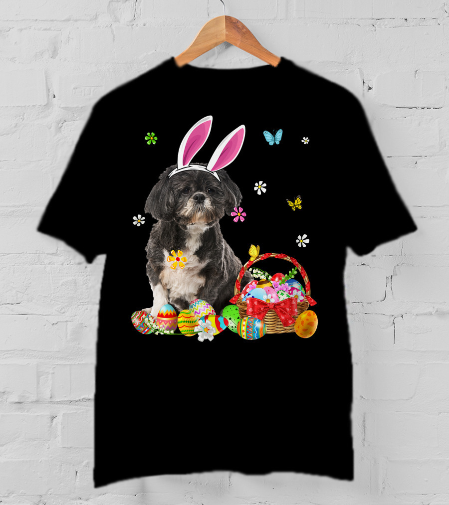 Shih Tzu Happy Easter Dog Lover Bunny Ears And Easter Egg Basket T-Shirt