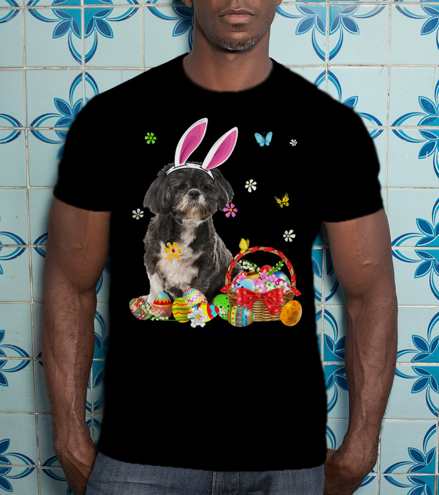 Shih Tzu Happy Easter Dog Lover Bunny Ears And Easter Egg Basket T-Shirt