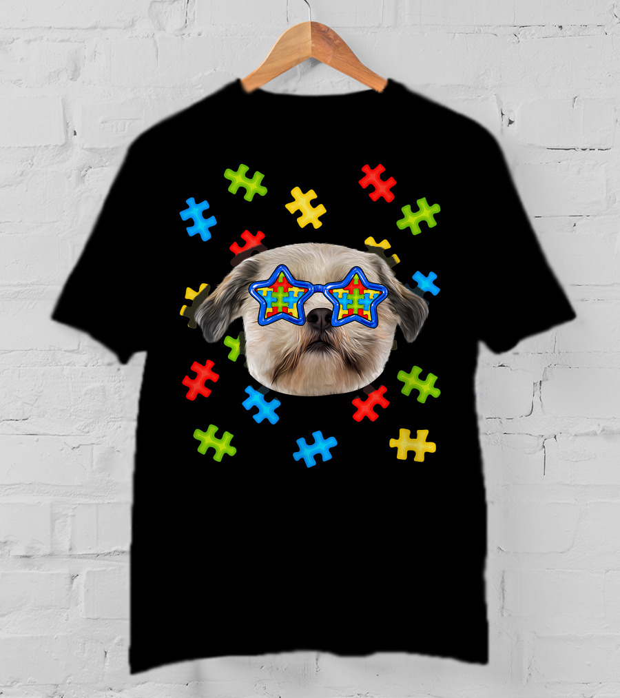 Shih Tzu Puppies Autism Puzzle Star Sunglasses T-Shirt