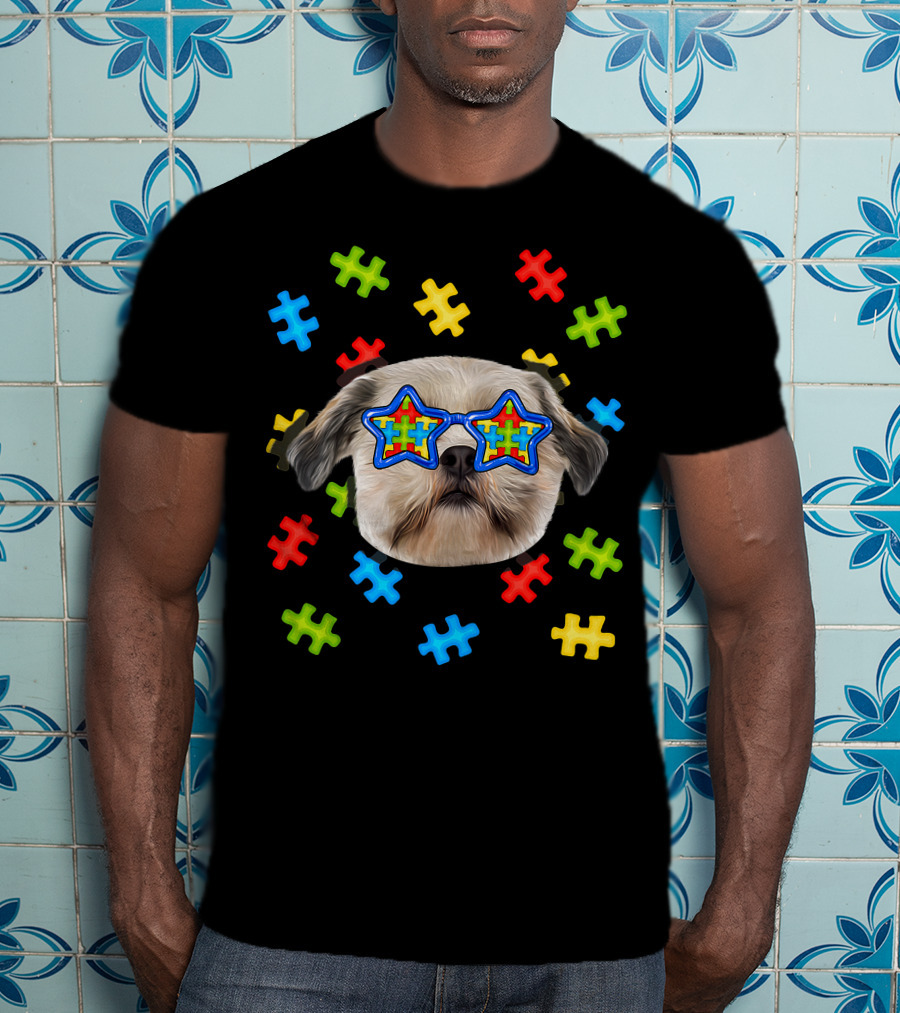 Shih Tzu Puppies Autism Puzzle Star Sunglasses T-Shirt