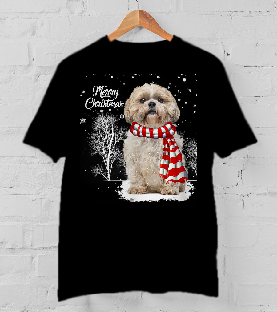 Shih Tzu Christmas Puppy Dog Lover Family Mat With Festive Scarf Snowflakes And Winter Trees T-Shirt