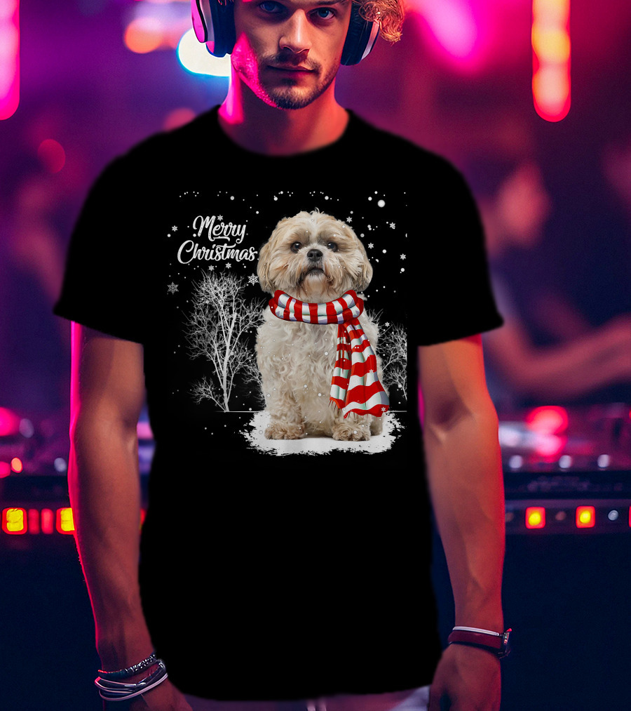 Shih Tzu Christmas Puppy Dog Lover Family Mat With Festive Scarf Snowflakes And Winter Trees T-Shirt