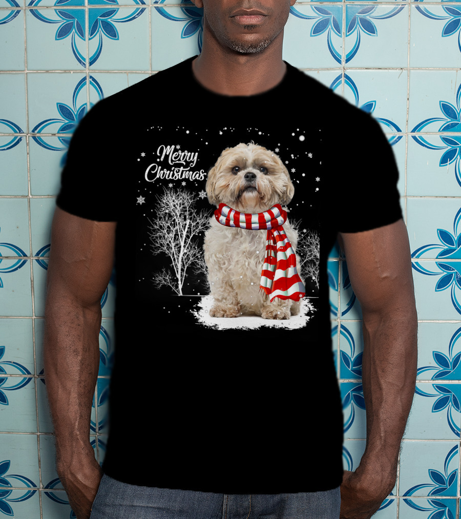 Shih Tzu Christmas Puppy Dog Lover Family Mat With Festive Scarf Snowflakes And Winter Trees T-Shirt