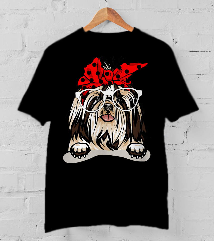 Shih Tzu Christmas Red Plaid Headband Glasses T-Shirt