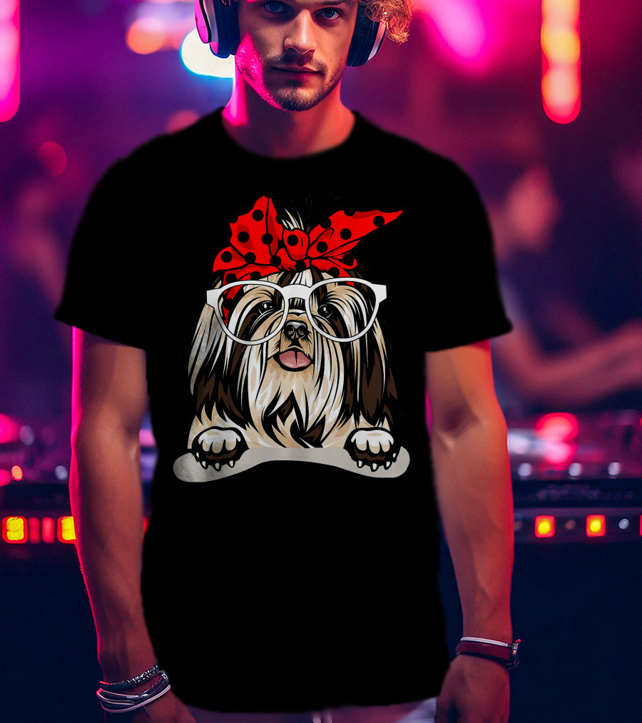 Shih Tzu Christmas Red Plaid Headband Glasses T-Shirt