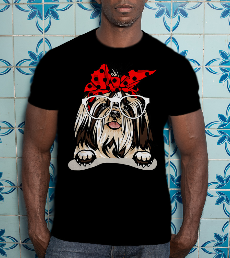 Shih Tzu Christmas Red Plaid Headband Glasses T-Shirt