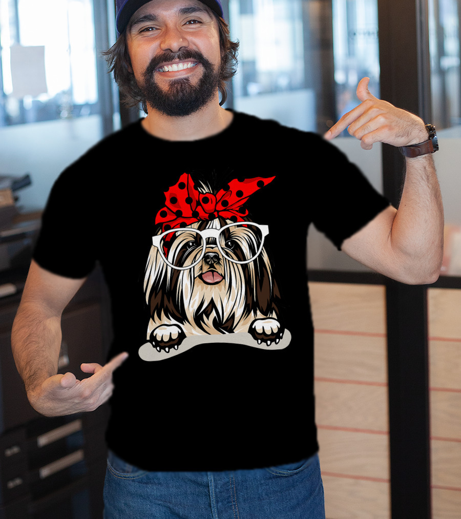 Shih Tzu Christmas Red Plaid Headband Glasses T-Shirt