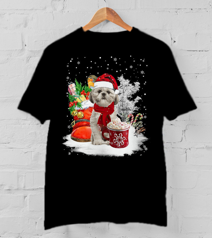 Shih Tzu Dog Santa Hat Hot Cocoa Christmas Scene T-Shirt