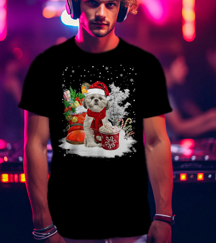Shih Tzu Dog Santa Hat Hot Cocoa Christmas Scene T-Shirt