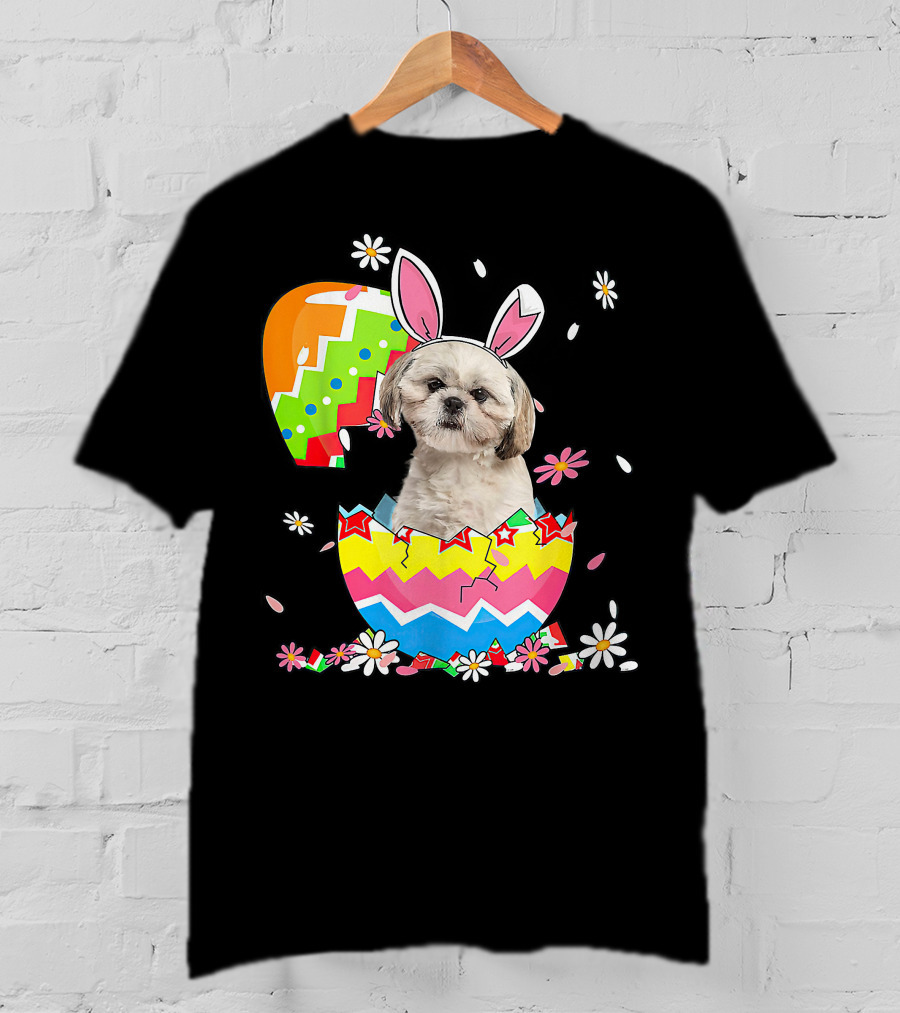 Shih Tzu Dog In Colorful Easter Egg With Bunny Ears And Flowers T-Shirt