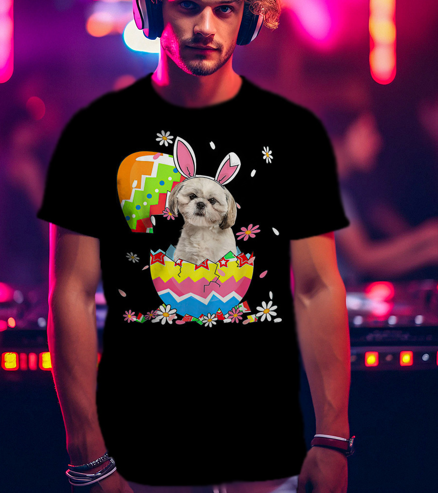 Shih Tzu Dog In Colorful Easter Egg With Bunny Ears And Flowers T-Shirt