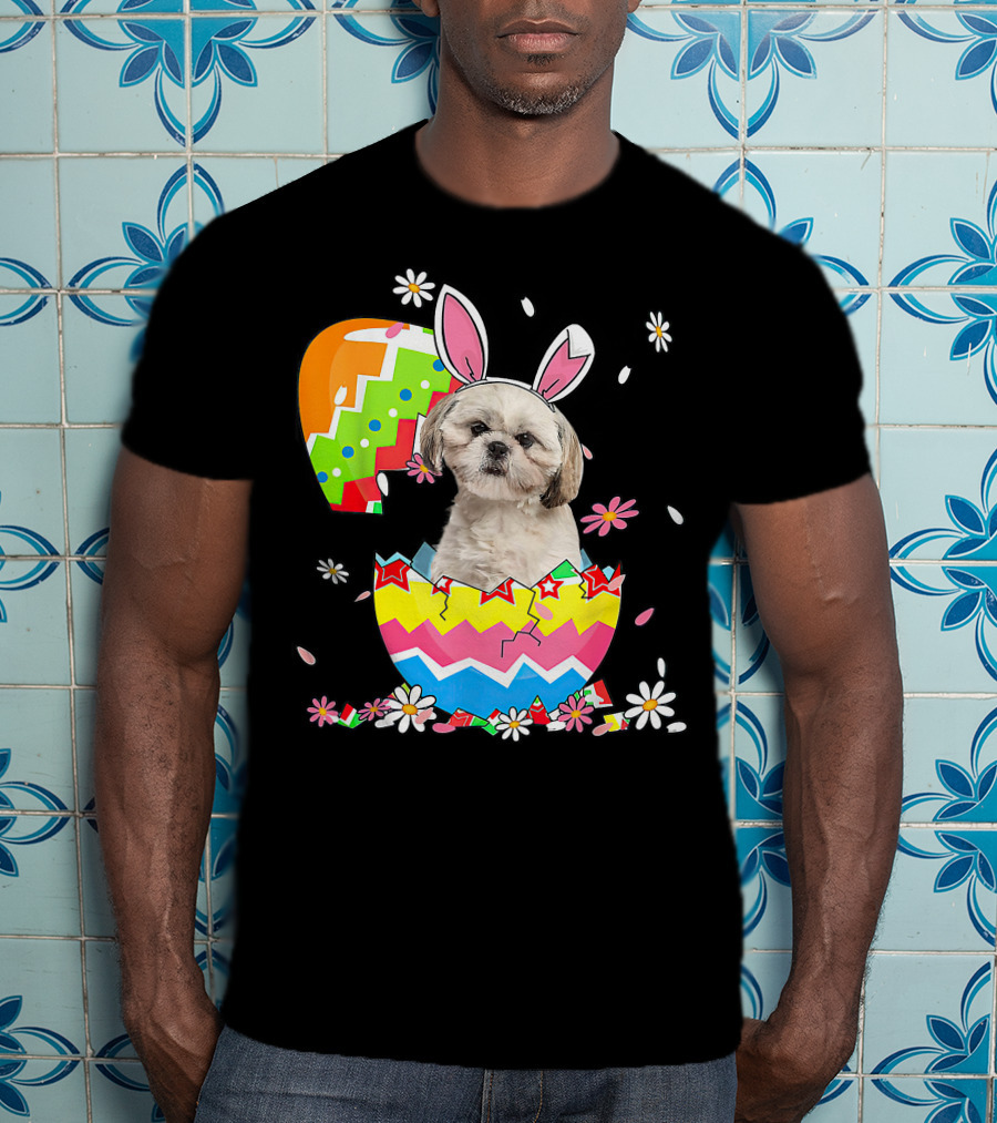Shih Tzu Dog In Colorful Easter Egg With Bunny Ears And Flowers T-Shirt