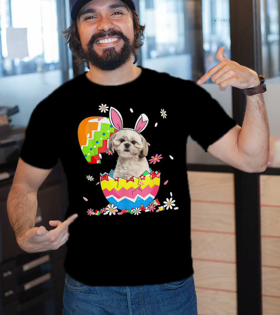 Shih Tzu Dog In Colorful Easter Egg With Bunny Ears And Flowers T-Shirt