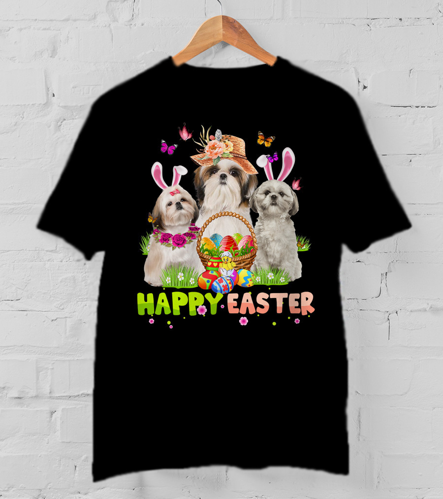 Happy Easter Shih Tzu Bunny Ears Basket Eggs Butterflies Flowers T-Shirt