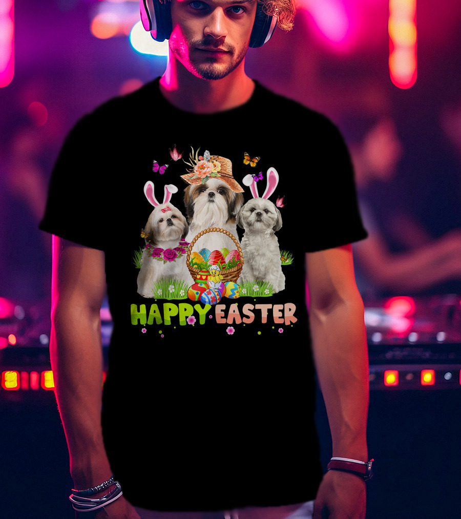 Happy Easter Shih Tzu Bunny Ears Basket Eggs Butterflies Flowers T-Shirt