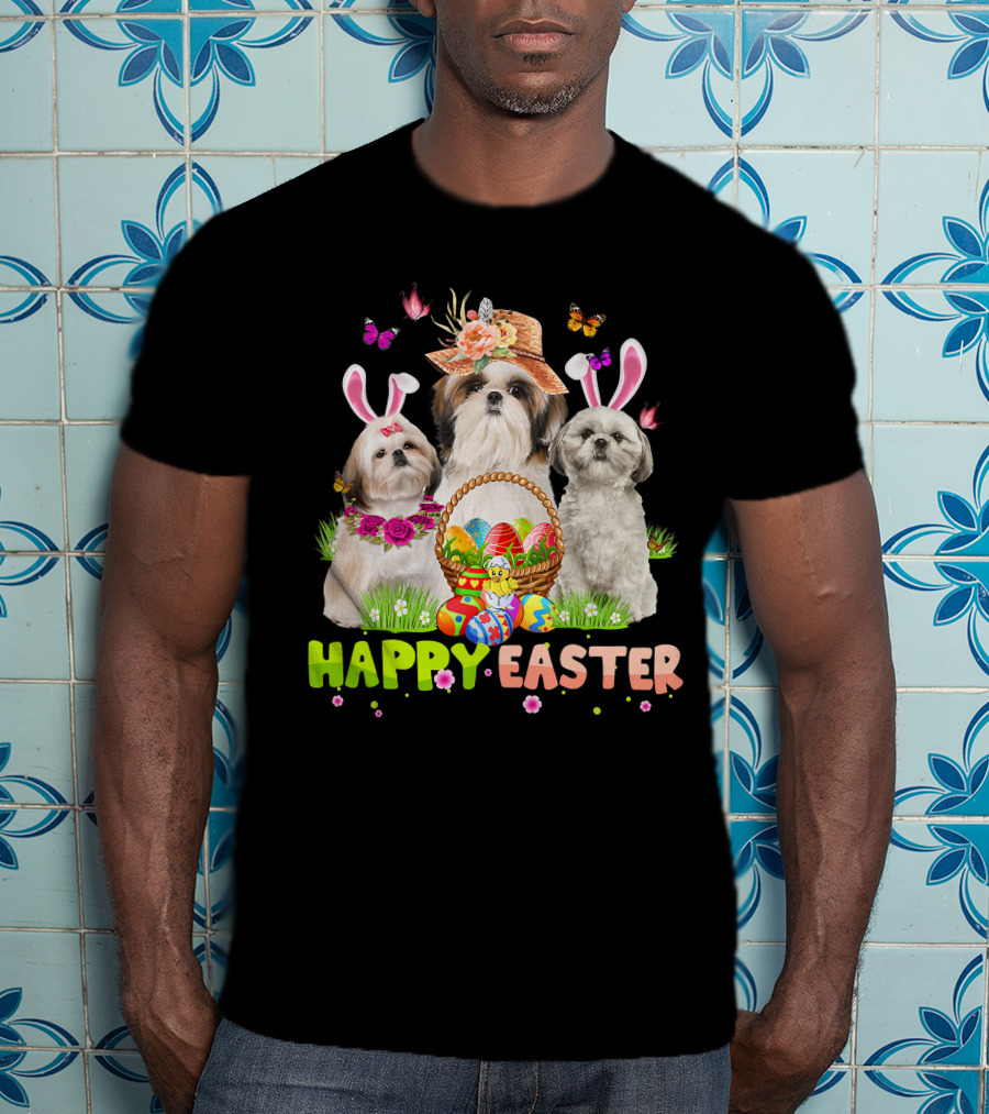 Happy Easter Shih Tzu Bunny Ears Basket Eggs Butterflies Flowers T-Shirt