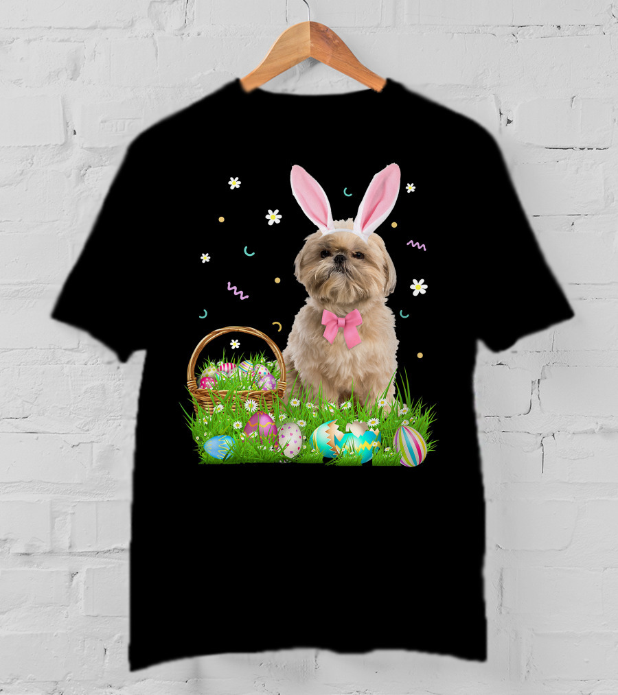 Shih Tzu Easter Day Bunny Ears And Colorful Eggs Easter98 T-Shirt