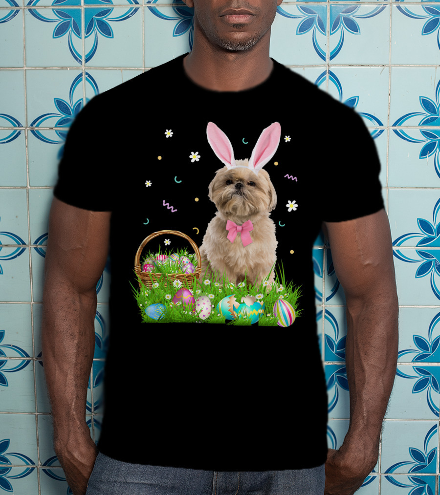 Shih Tzu Easter Day Bunny Ears And Colorful Eggs Easter98 T-Shirt
