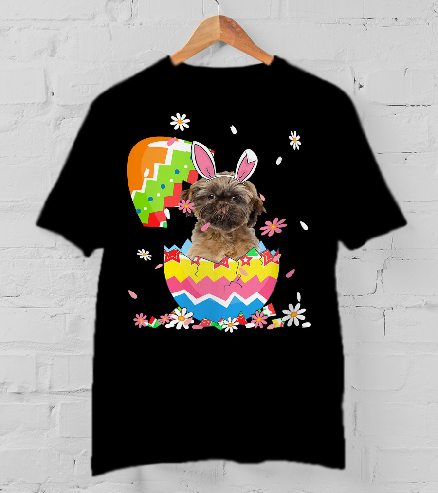 Cute Shih Tzu Easter Day Dog Dad Dog Mom With Bunny Ears And Colorful Egg T-Shirt