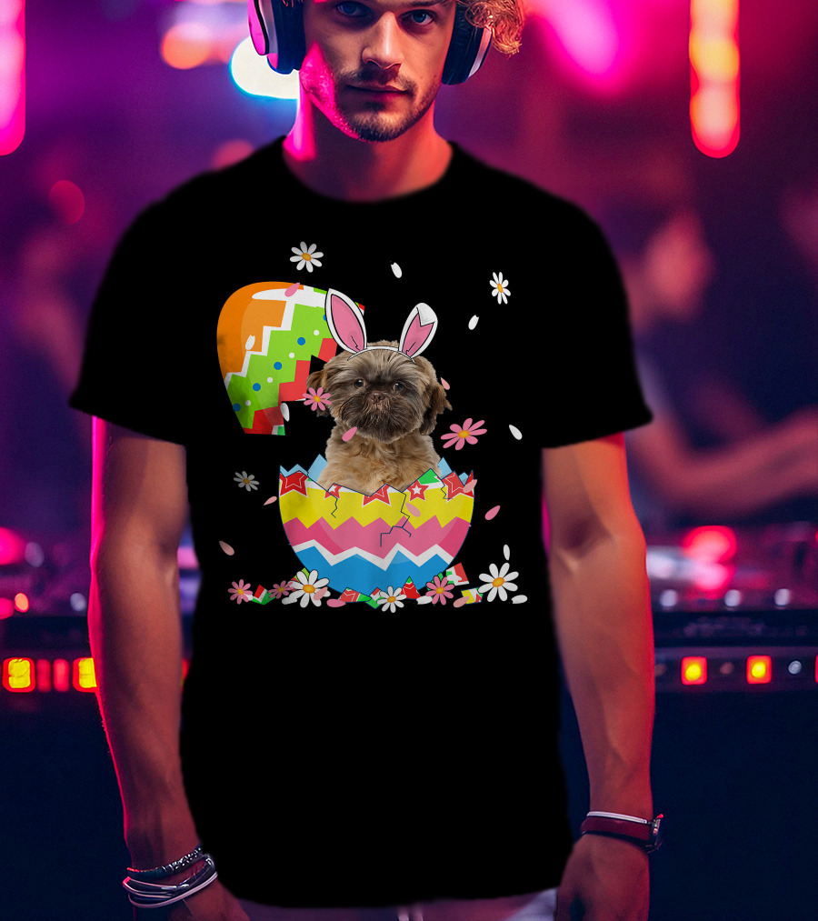 Cute Shih Tzu Easter Day Dog Dad Dog Mom With Bunny Ears And Colorful Egg T-Shirt