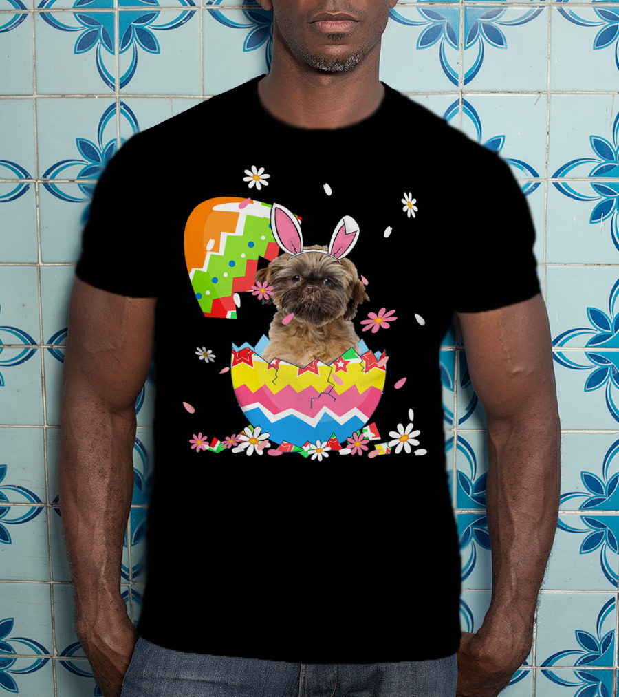 Cute Shih Tzu Easter Day Dog Dad Dog Mom With Bunny Ears And Colorful Egg T-Shirt