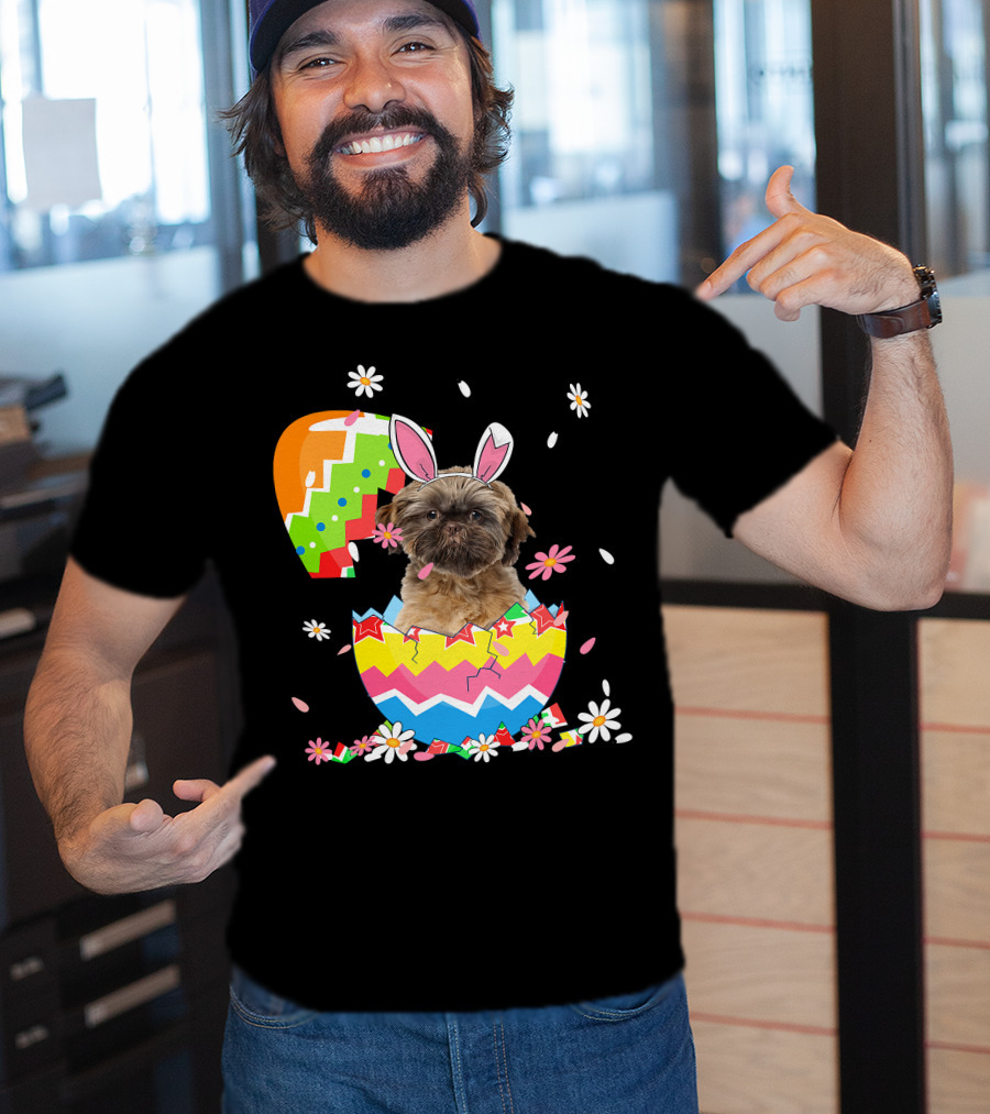 Cute Shih Tzu Easter Day Dog Dad Dog Mom With Bunny Ears And Colorful Egg T-Shirt