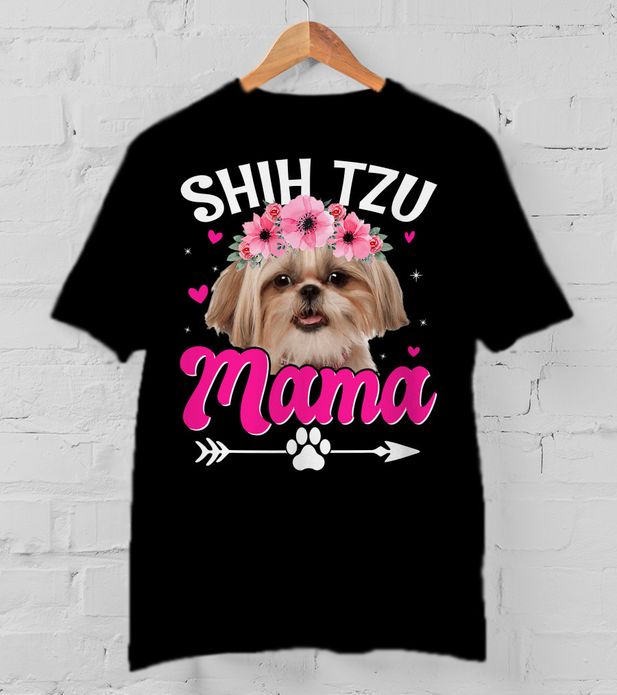 Shih Tzu Mama With Flower Crown Hearts T-Shirt