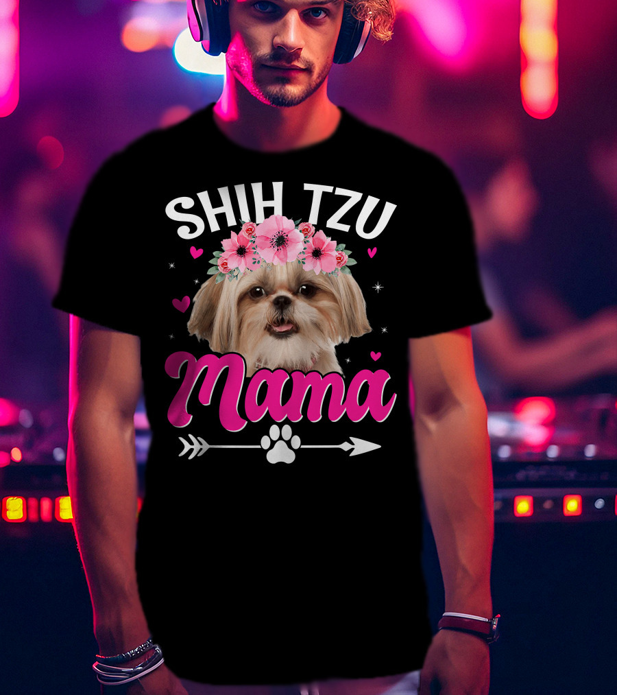 Shih Tzu Mama With Flower Crown Hearts T-Shirt