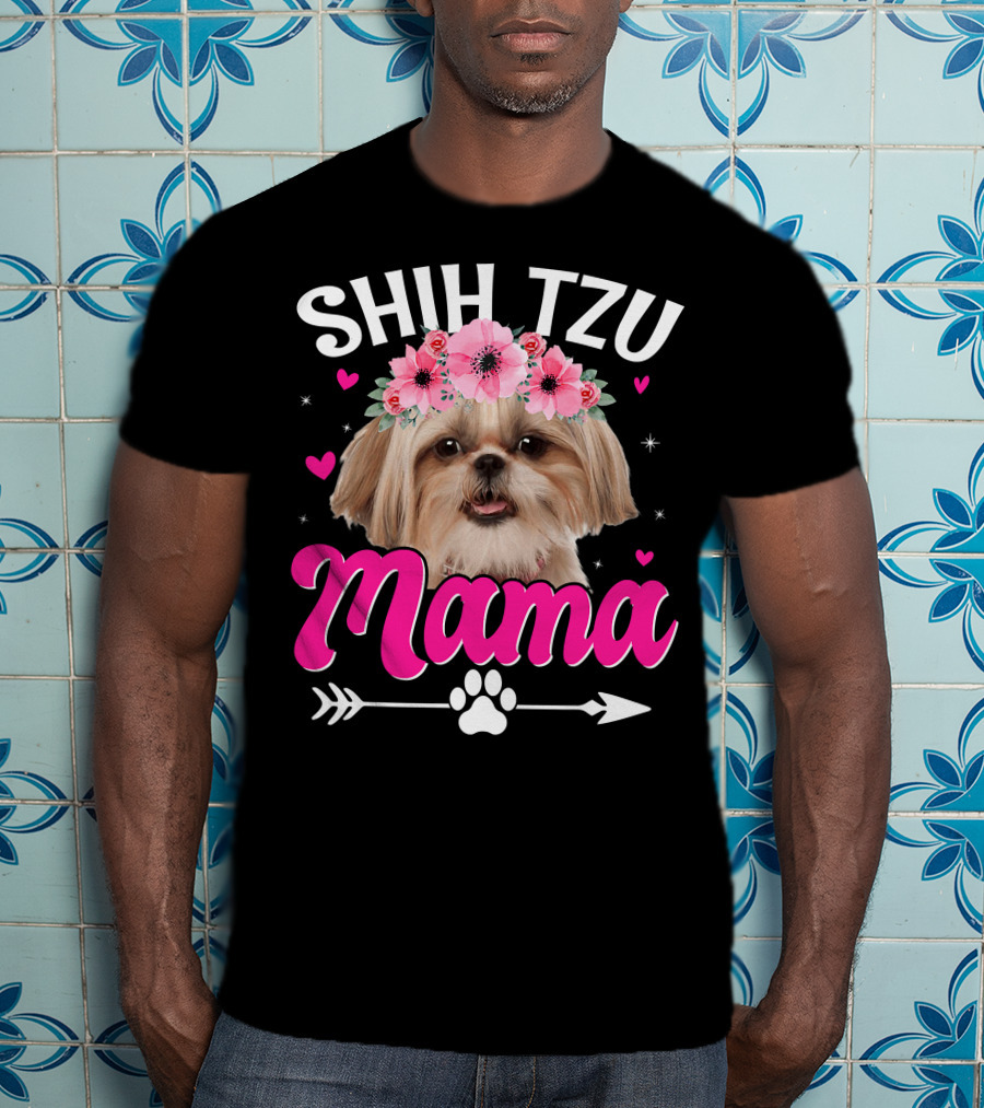 Shih Tzu Mama With Flower Crown Hearts T-Shirt
