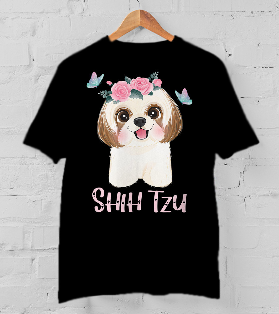 Cute Shih Tzu Mom Dad Mens Dog Lover Ladies Shih Tzu Roses Butterflies T-Shirt