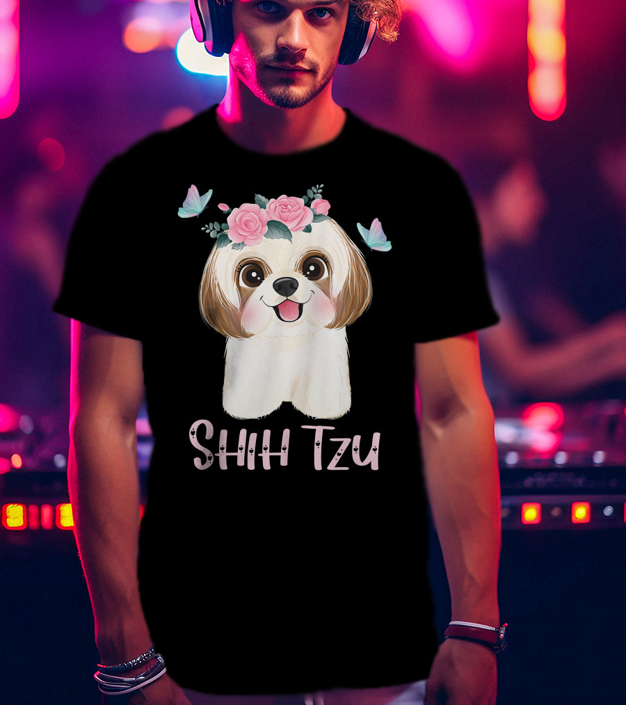 Cute Shih Tzu Mom Dad Mens Dog Lover Ladies Shih Tzu Roses Butterflies T-Shirt