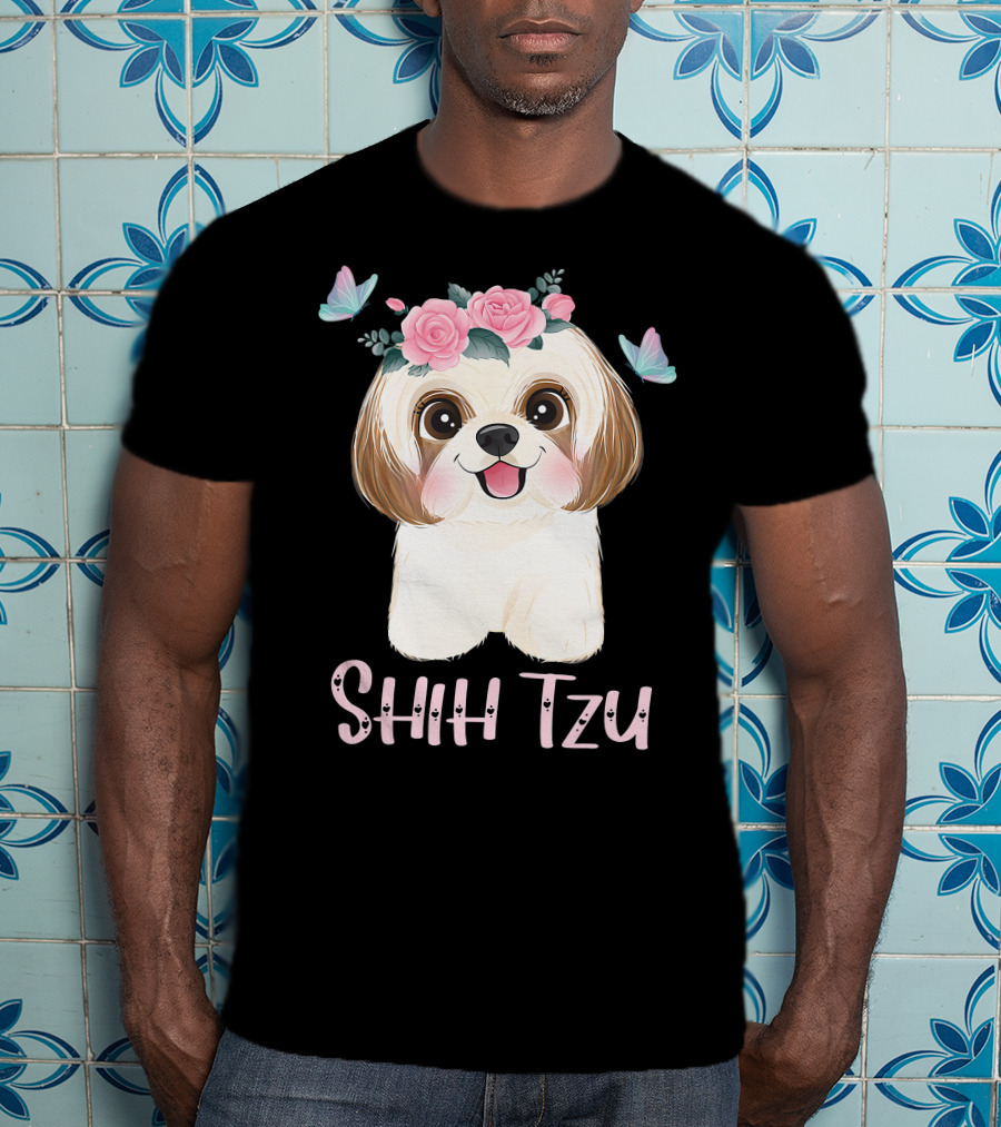 Cute Shih Tzu Mom Dad Mens Dog Lover Ladies Shih Tzu Roses Butterflies T-Shirt