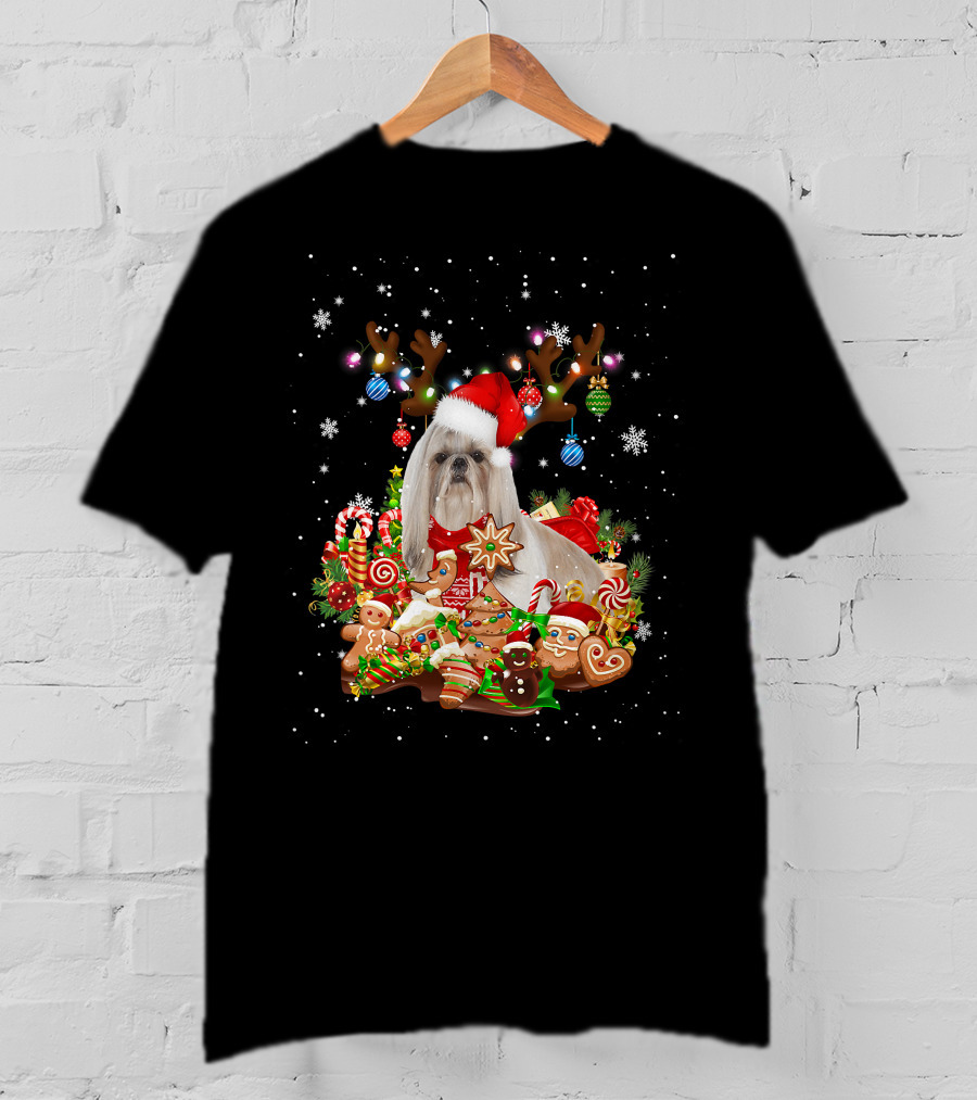Cute Shih Tzu Reindeer Christmas Lighting Santa Xm Gingerbread Candy Cane Ornaments T-Shirt