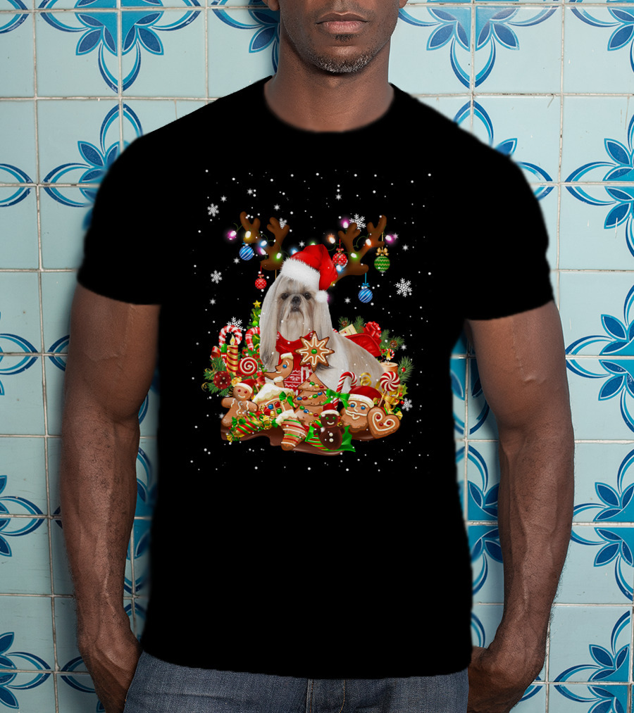 Cute Shih Tzu Reindeer Christmas Lighting Santa Xm Gingerbread Candy Cane Ornaments T-Shirt
