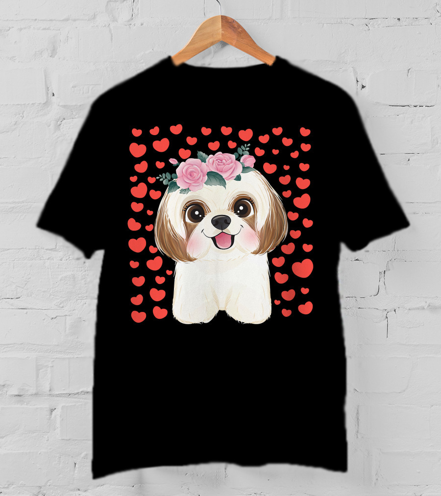 Cute Shih Tzu Valentine's Day Red Hearts Dog Flowers T-Shirt