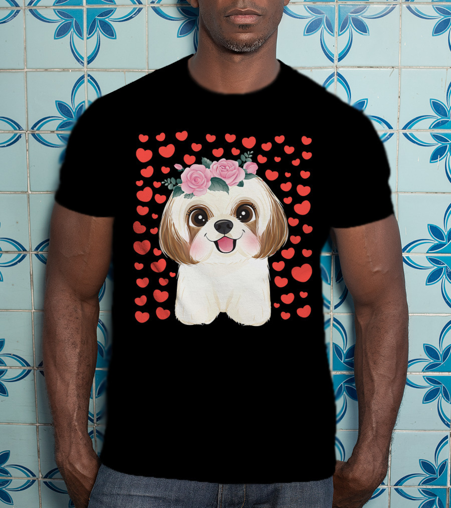 Cute Shih Tzu Valentine's Day Red Hearts Dog Flowers T-Shirt