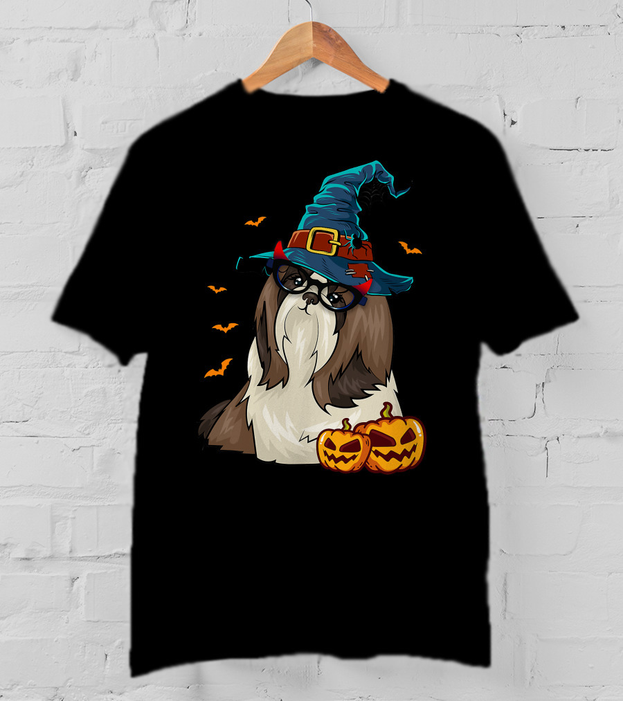 Cute Shih Tzu Glasses Witch Hat Halloween Pumpkins Bats T-Shirt