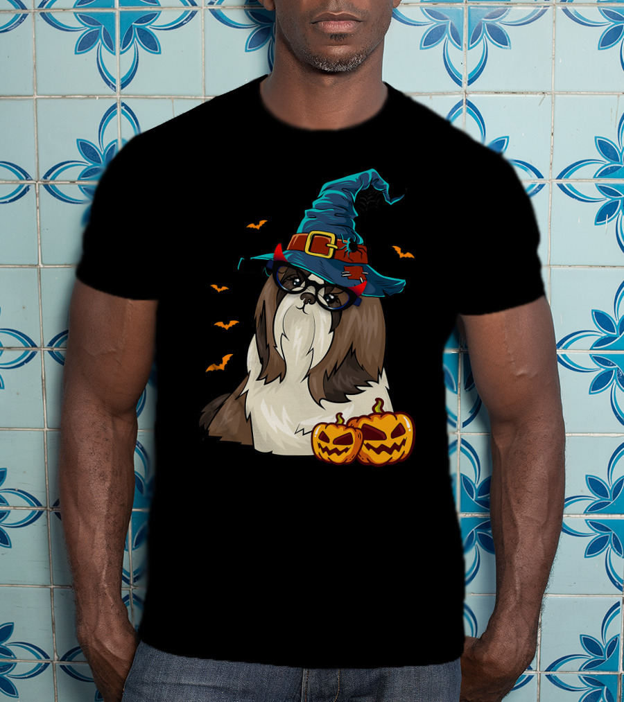 Cute Shih Tzu Glasses Witch Hat Halloween Pumpkins Bats T-Shirt