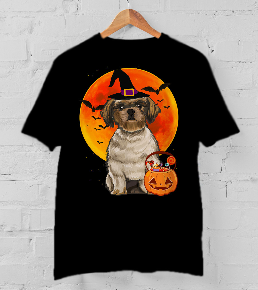 Shih Tzu Dog Halloween Jack O Lantern Pumpkin With Bats And Witch Hat T-Shirt