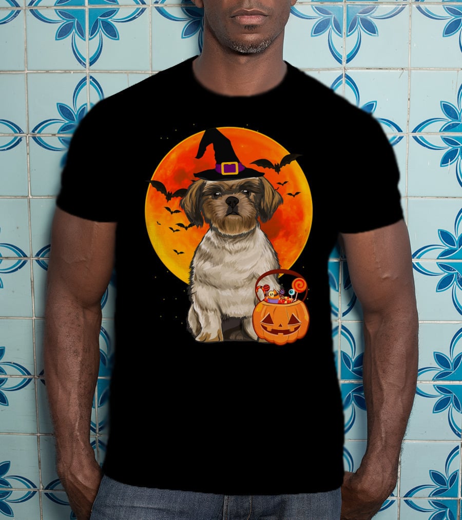 Shih Tzu Dog Halloween Jack O Lantern Pumpkin With Bats And Witch Hat T-Shirt