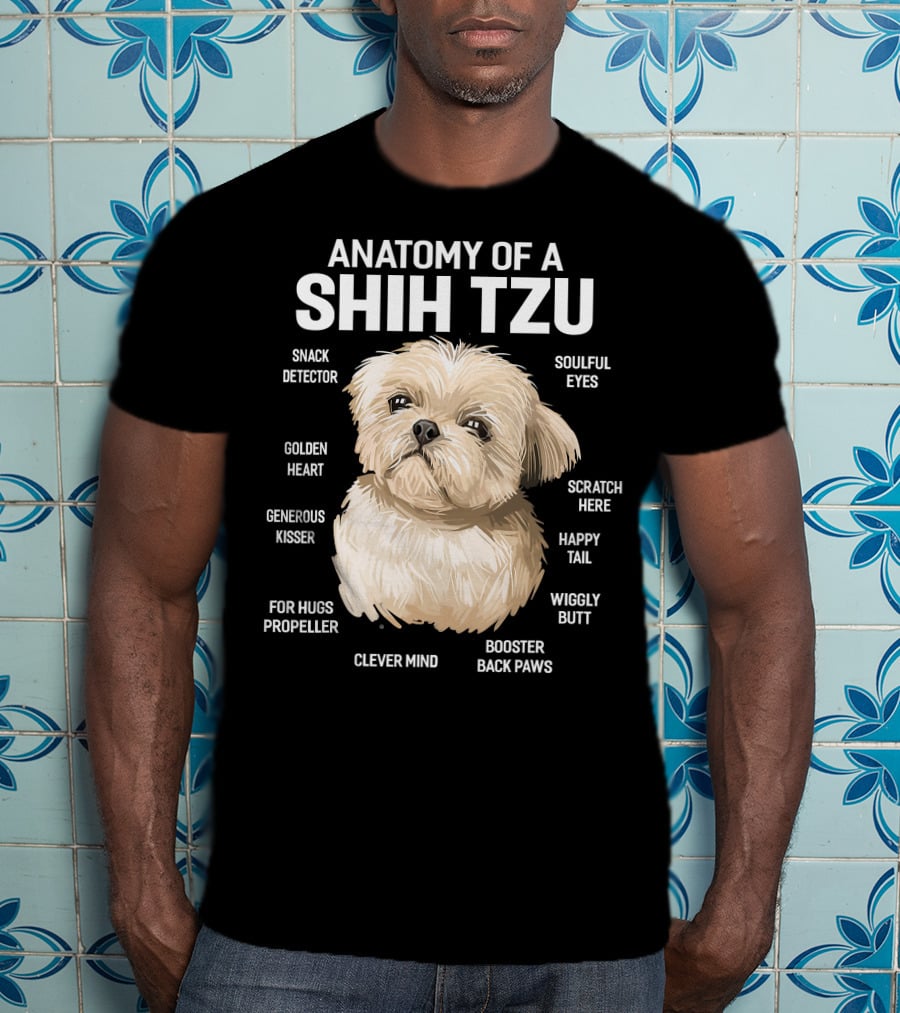 Anatomy Of A Shih Tzu Dog 365 Fluff Button Snowball Feature Cuddle Zone Pillow Tail Black Button Sniffer Ears Pom Pom Paws Wookie Chewbacca Eyes T-Shirt