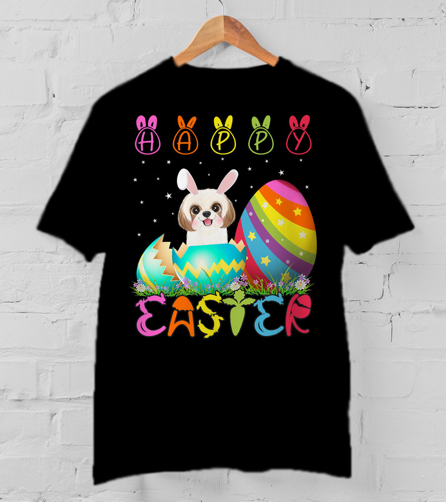 Happy Easter Day Shih Tzu Dog In Colorful Egg Matching T-Shirt