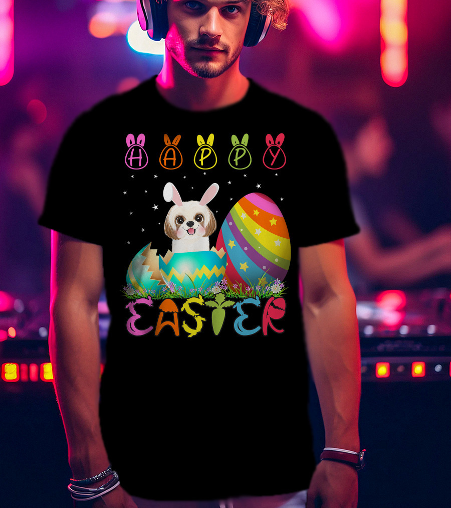 Happy Easter Day Shih Tzu Dog In Colorful Egg Matching T-Shirt