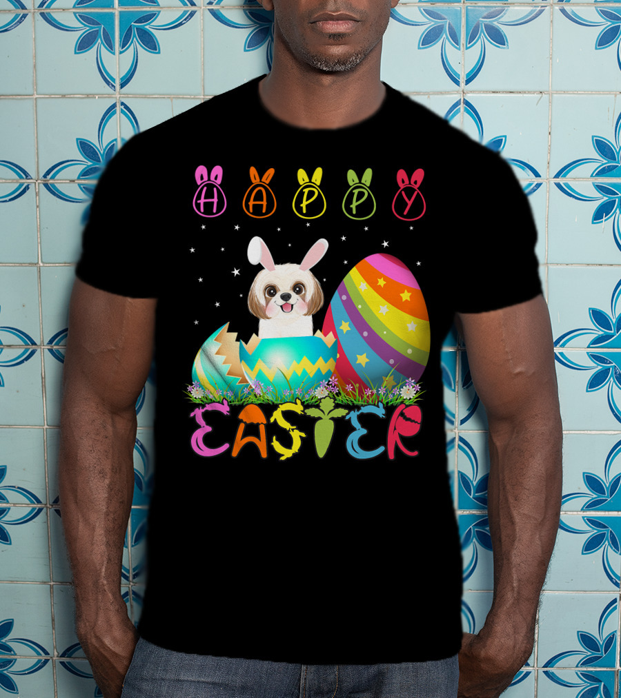 Happy Easter Day Shih Tzu Dog In Colorful Egg Matching T-Shirt