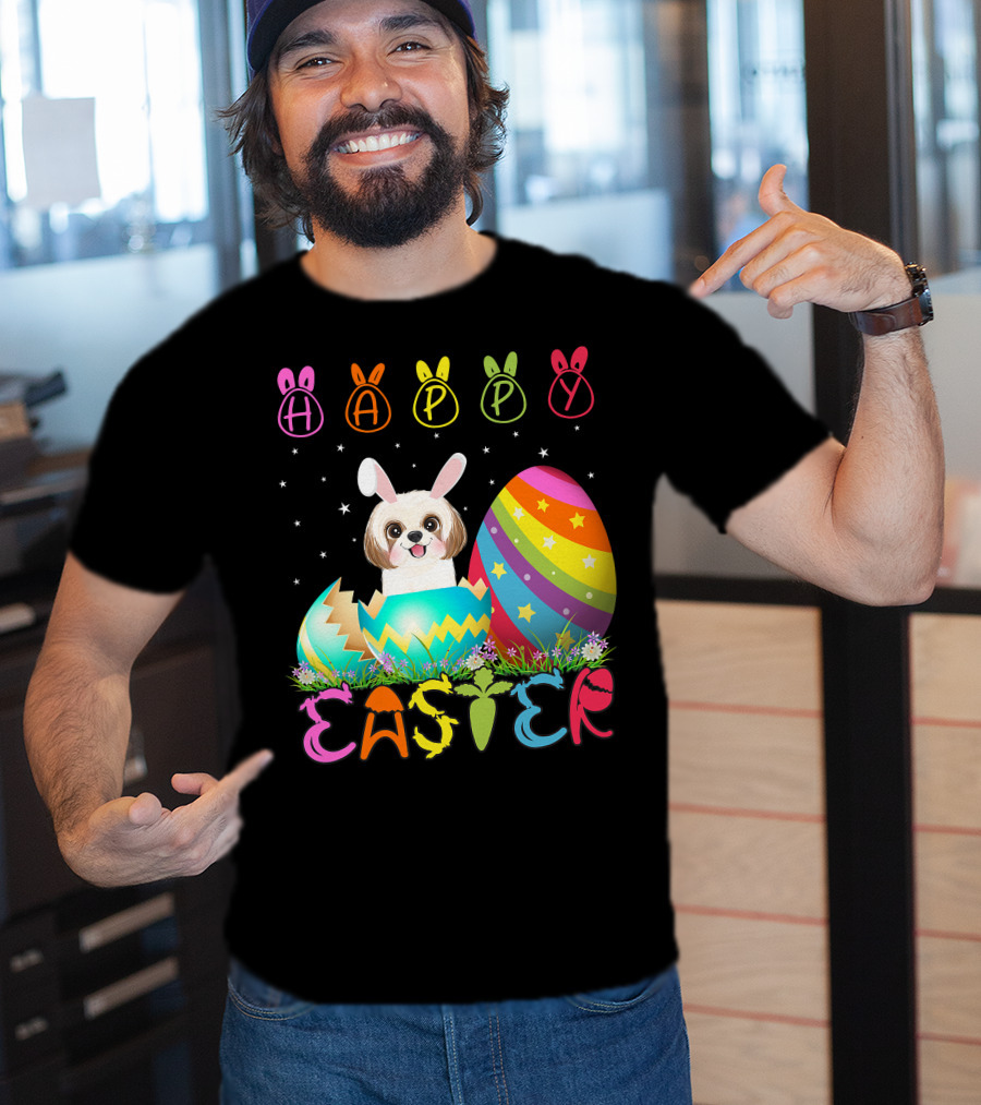 Happy Easter Day Shih Tzu Dog In Colorful Egg Matching T-Shirt